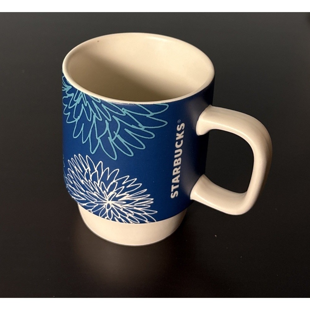 Starbucks Blue Pom Floral Flower 12oz Stackable Coffee Mug 2016
